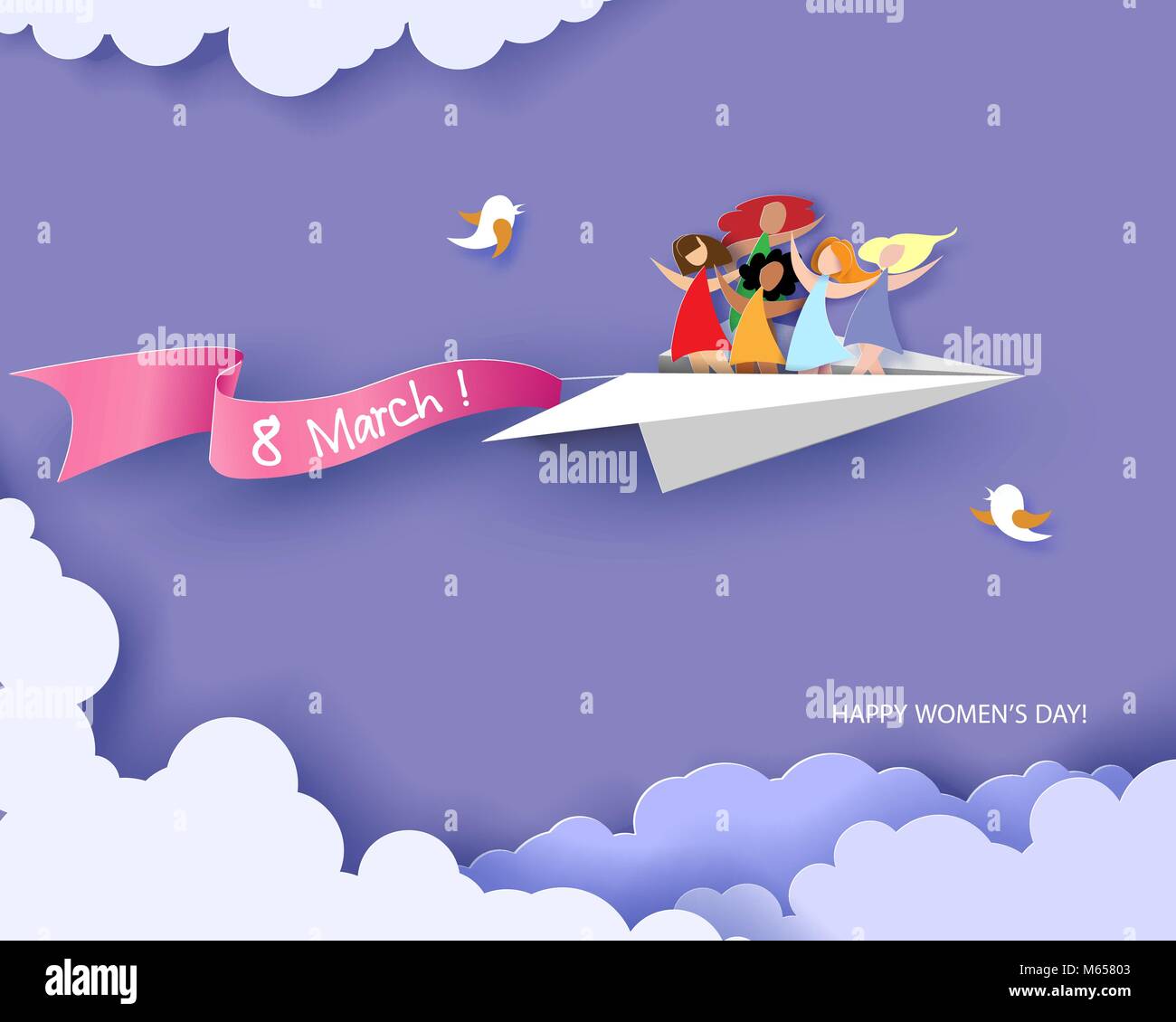 Happy women flying on paper airplane Stock Vector