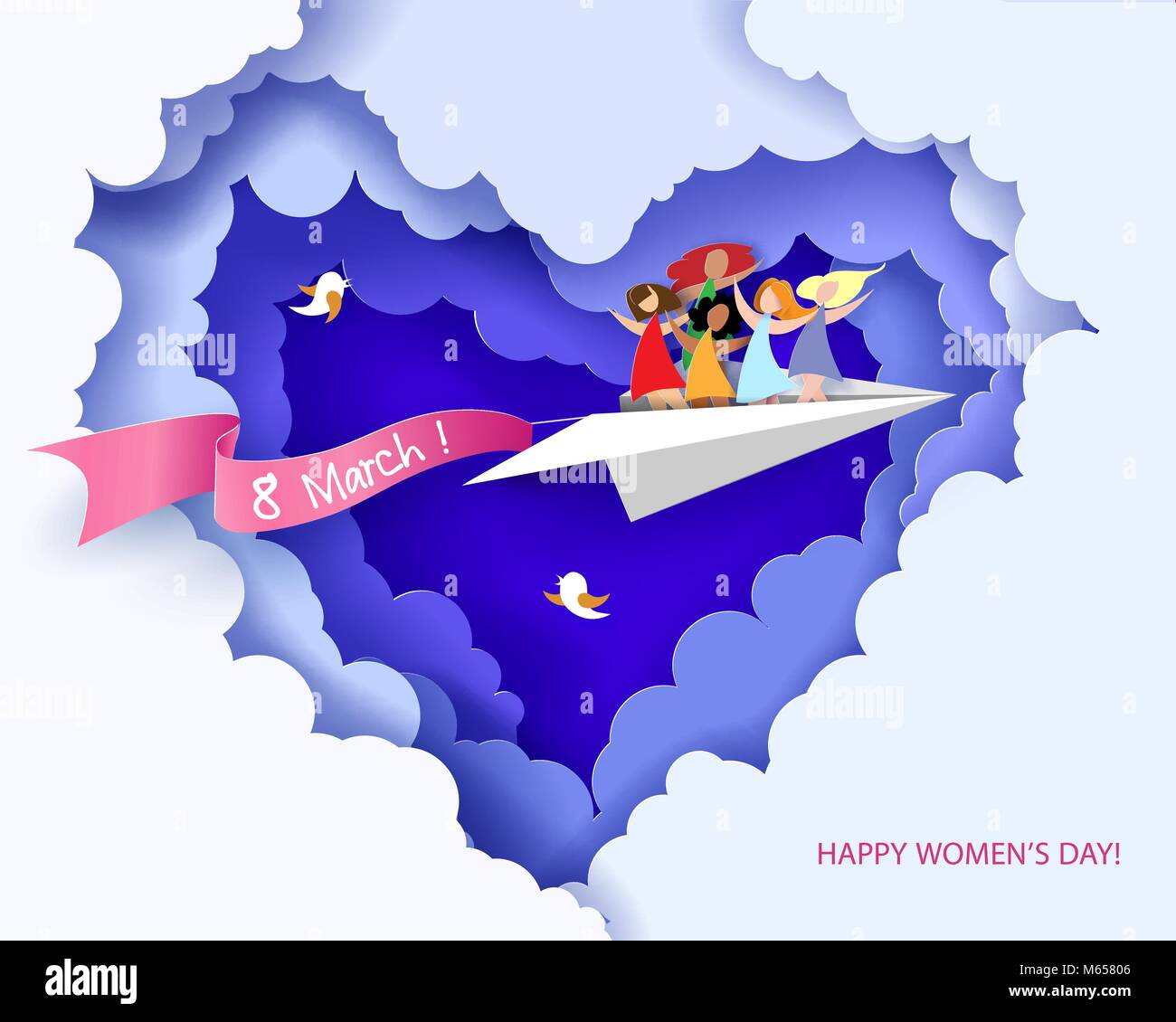 Happy women flying on paper airplane Stock Vector