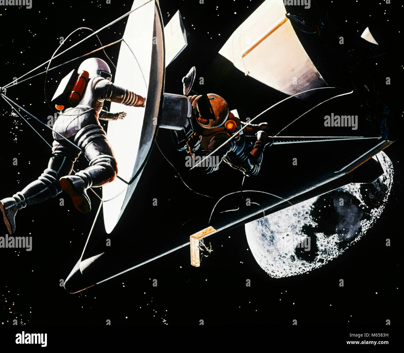 1960s NASA ILLUSTRATION ASTRONAUTS WORKING DURING SPACE SHIP EVA WEARING SPACESUITS - ka1330 HAR001 HARS LUNAR DREAMS NASA OCCUPATION ADVENTURE ENVIRONMENT PROTECTION ASTRONAUTS SCIENTIFIC EXCITEMENT OCCASION INNOVATION CONNECTION HIGH TECH CONCEPTUAL COOPERATION SPACE SUIT IMAGINATION MOBILITY OUTER SPACE SCI-FI HIGH-TECH MALES PRECISION SCIENCE FICTION SPACE TRAVEL SPACESHIP DISKS DURING EVA EXTRA VEHICULAR ACTIVITY OCCUPATIONS OLD FASHIONED PERSONS SCIFI SF SPACE STATION Stock Photo