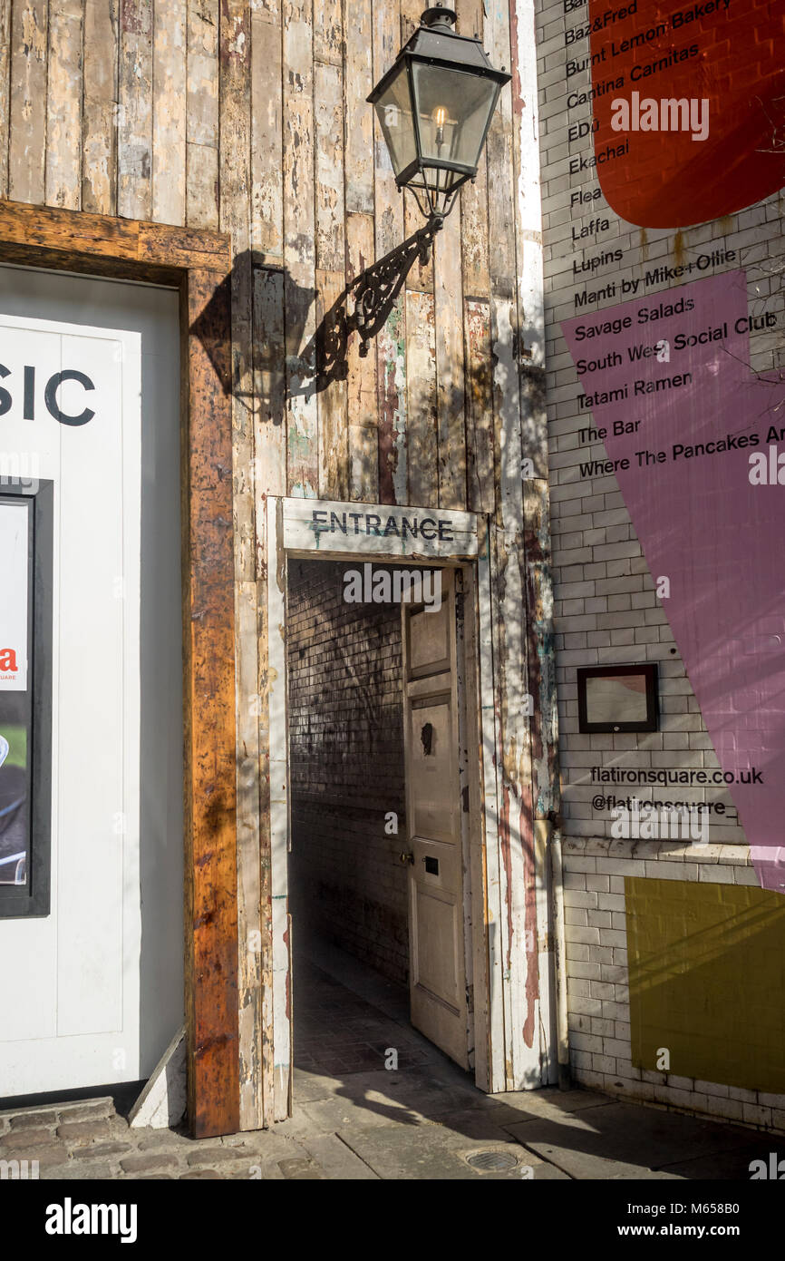 LONDON, UK - FEBRUARY 18, 2018:   Entrance to Flat Iron Square Market in Southwark Stock Photo
