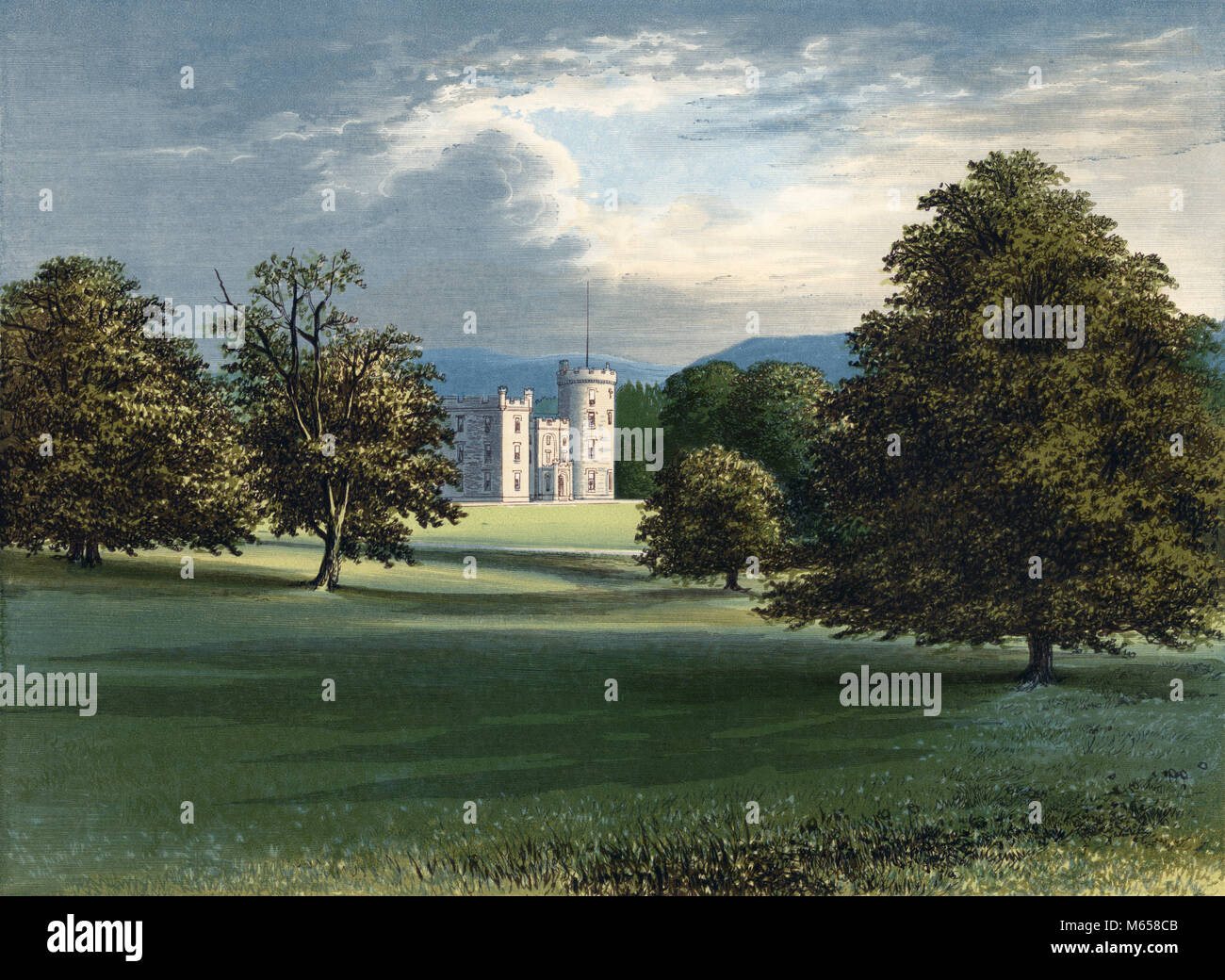 1800s 1900s LANDSCAPE PAINTING OF CASTLE FORBES HOME TO THE CLAN FORBES BUILT IN 1815 SUMMER ABERDEENSHIRE SCOTLAND - ka9175 CPC001 HARS SCOTLAND Stock Photo