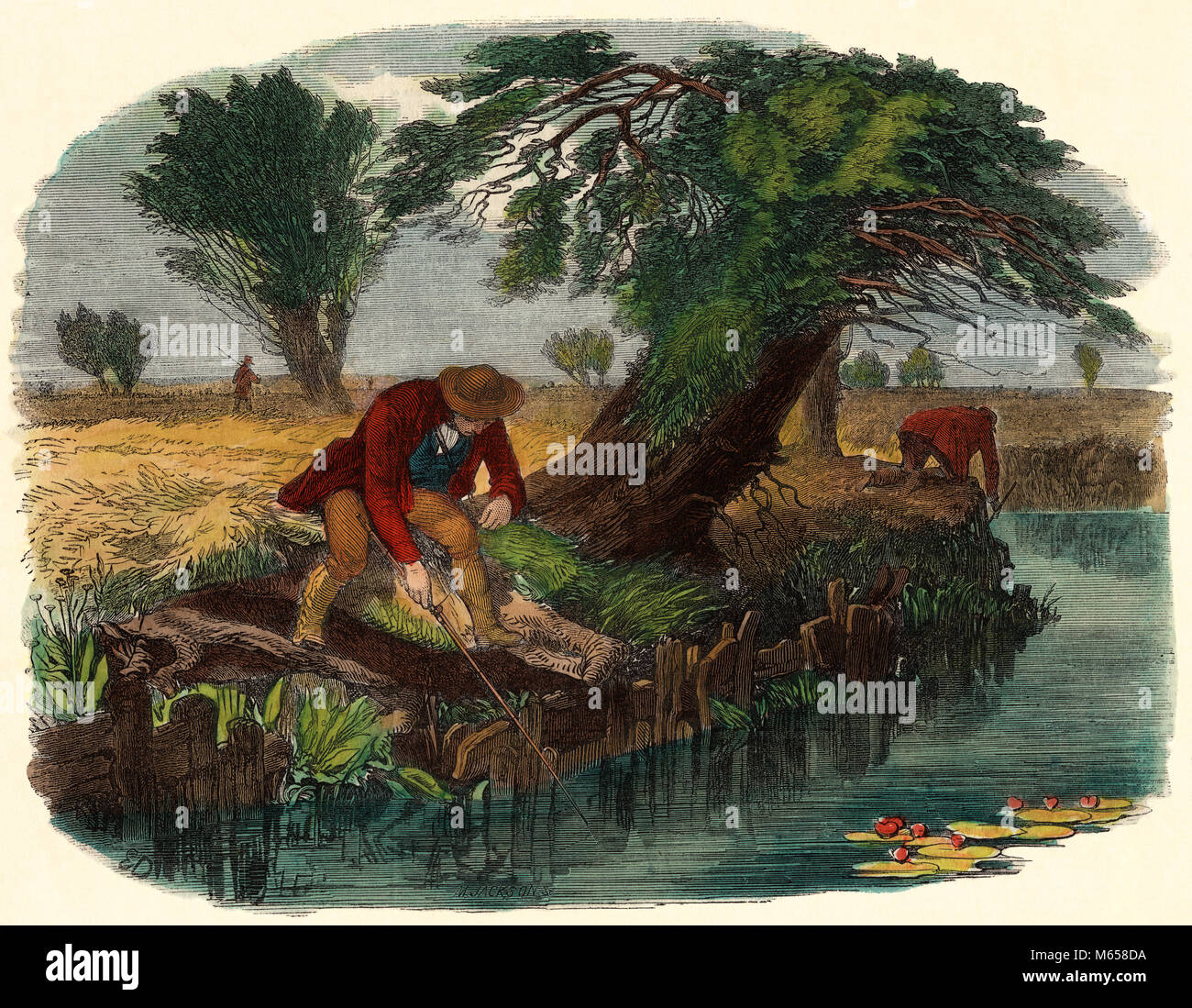 1800s 19TH CENTURY DRAWING OF MEN SNIGGLING FOR EELS IN RIVER FISHING WITH WORM ON A STICK - ka9183 CPC001 HARS 40-45 YEARS HISTORIC ADVENTURE RECREATION WORM ANGLING MALES MID-ADULT MID-ADULT MAN RIVERBANK BAIT CAUCASIAN ETHNICITY CREEK EARTHWORM EEL EELS FISH HOOK OLD FASHIONED PERSONS SNIGGLE SNIGGLING SNIGS Stock Photo