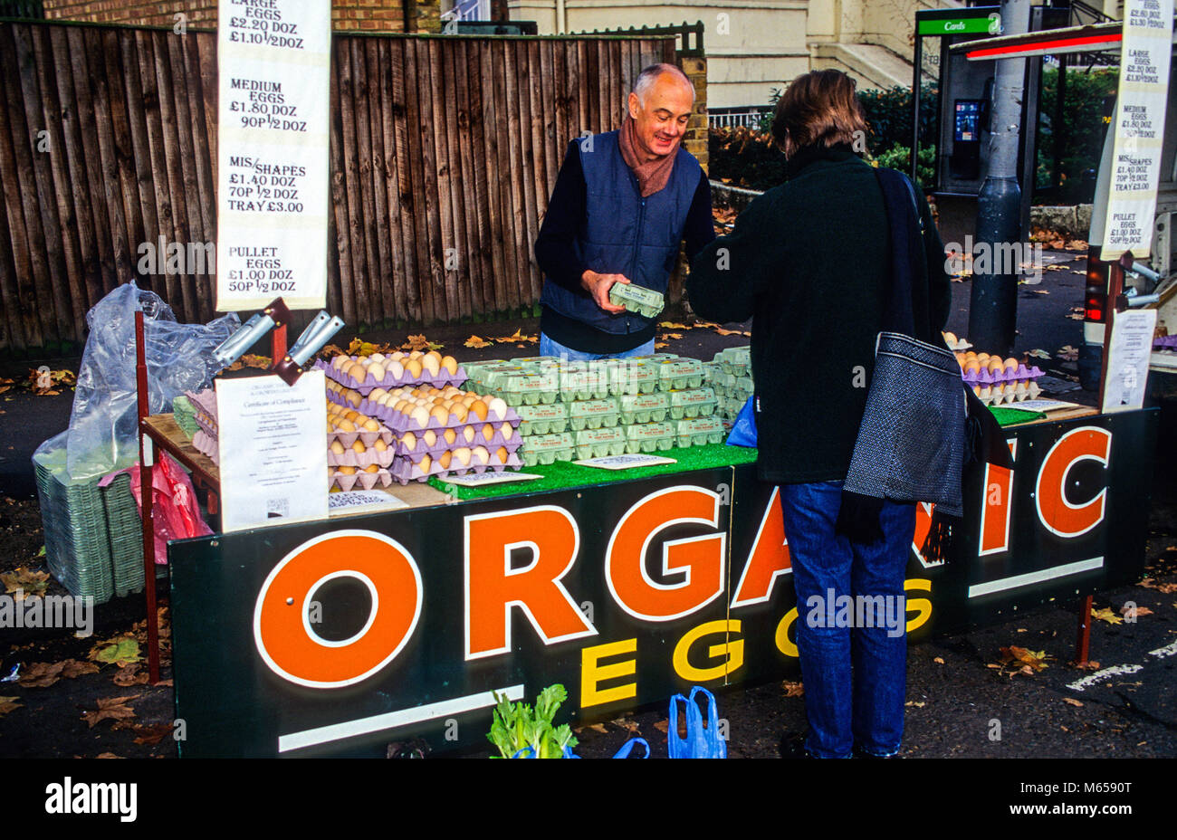 Organic Egg Seller, Farmers Market, London, England. Stock Photo