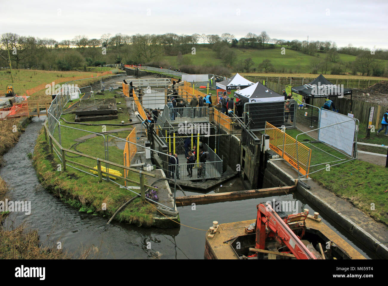 Canal and River Trust open day site at Wheelton locks ready to allow members of the public to experience being in a empty lock chamber. Stock Photo