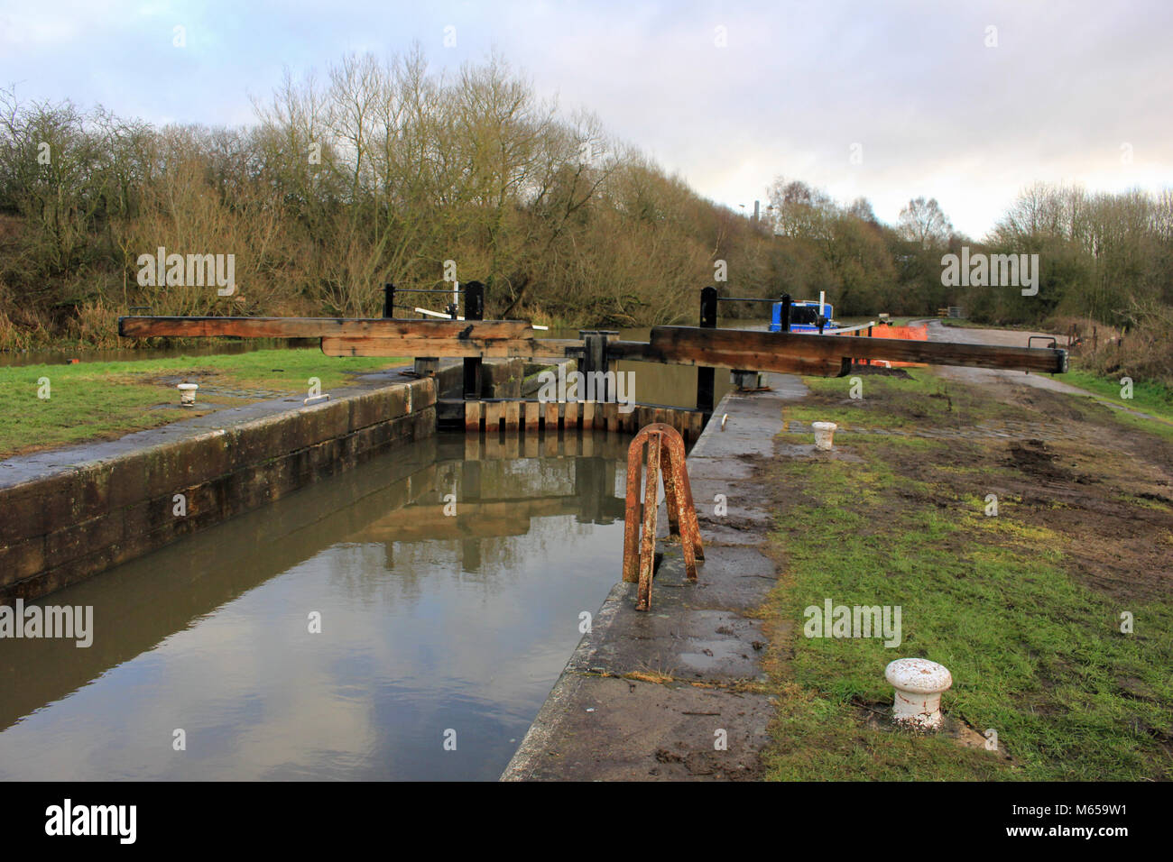 Appley Bridge Lock, 15th of December 2017 the day it was reopened to navigation after the fitting of new lock gates on the Leeds and Liverpool canal Stock Photo