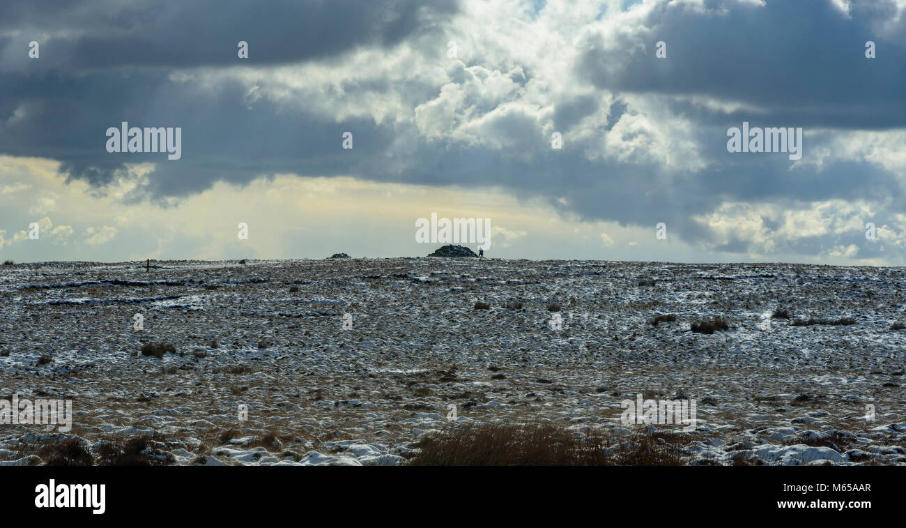 Snow winter day snowscene. Winter Hill. Hiker Walker Stock Photo