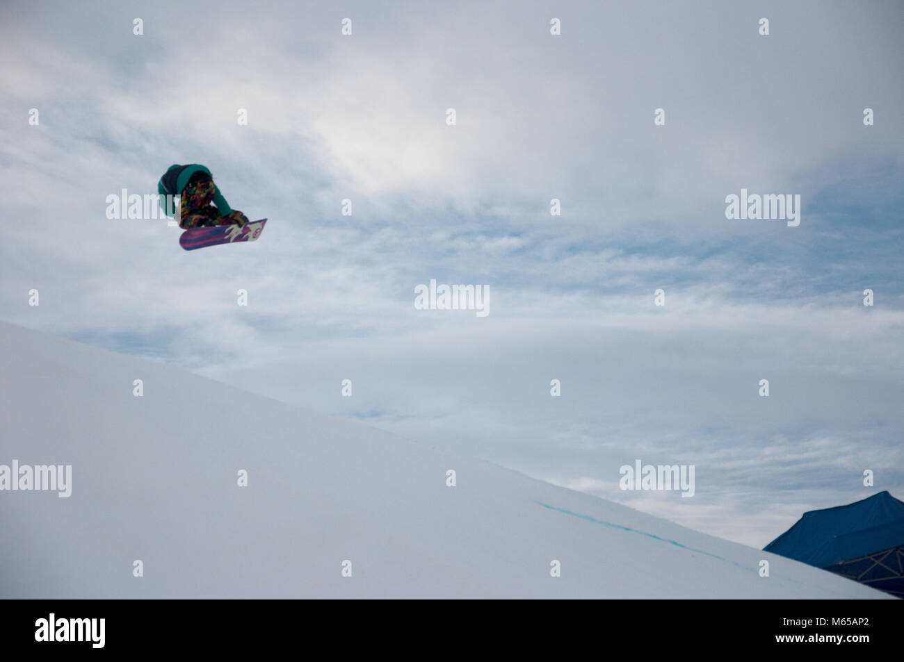 Junior Snowboarder on the slopes of Canada Olympic Park, now Winsport, Calgary, Alberta, Canada Stock Photo