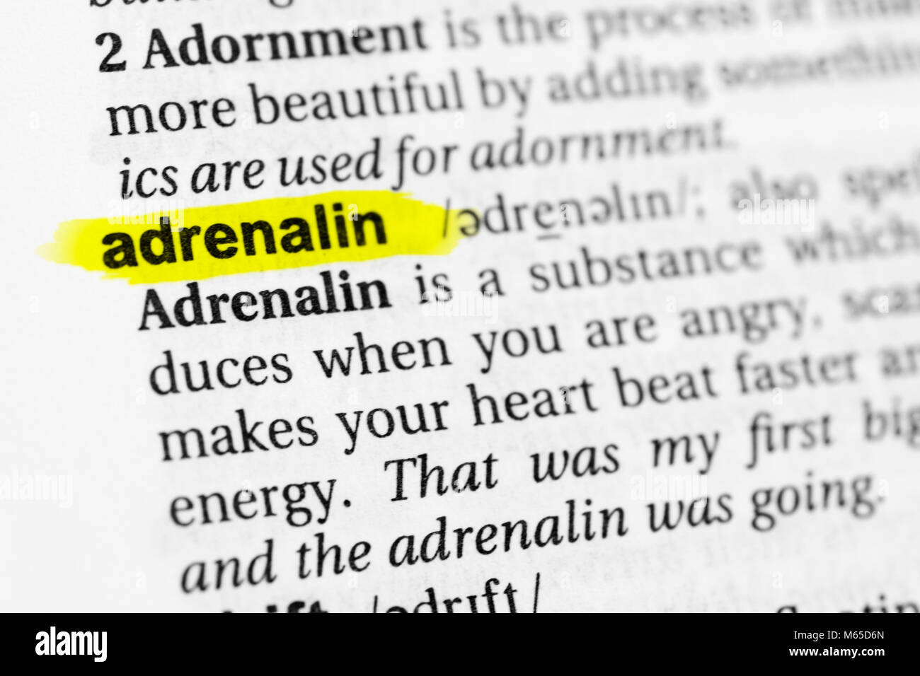 Highlighted English word "adrenalin" and its definition in the