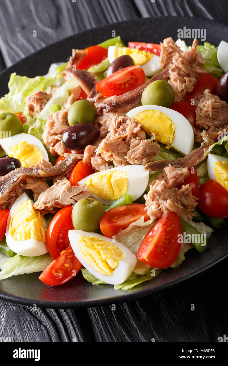 Classic French nicoise salad with fresh vegetables, eggs, tuna and