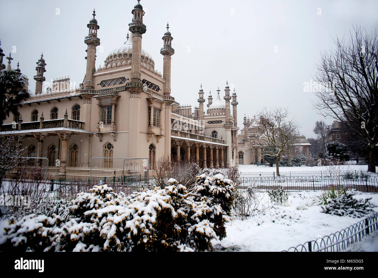Brighton's famous Royal Pavilion and Gardens covered in snow as the freezing Siberian conditions turned the U.K. white in late February, 2018. Stock Photo