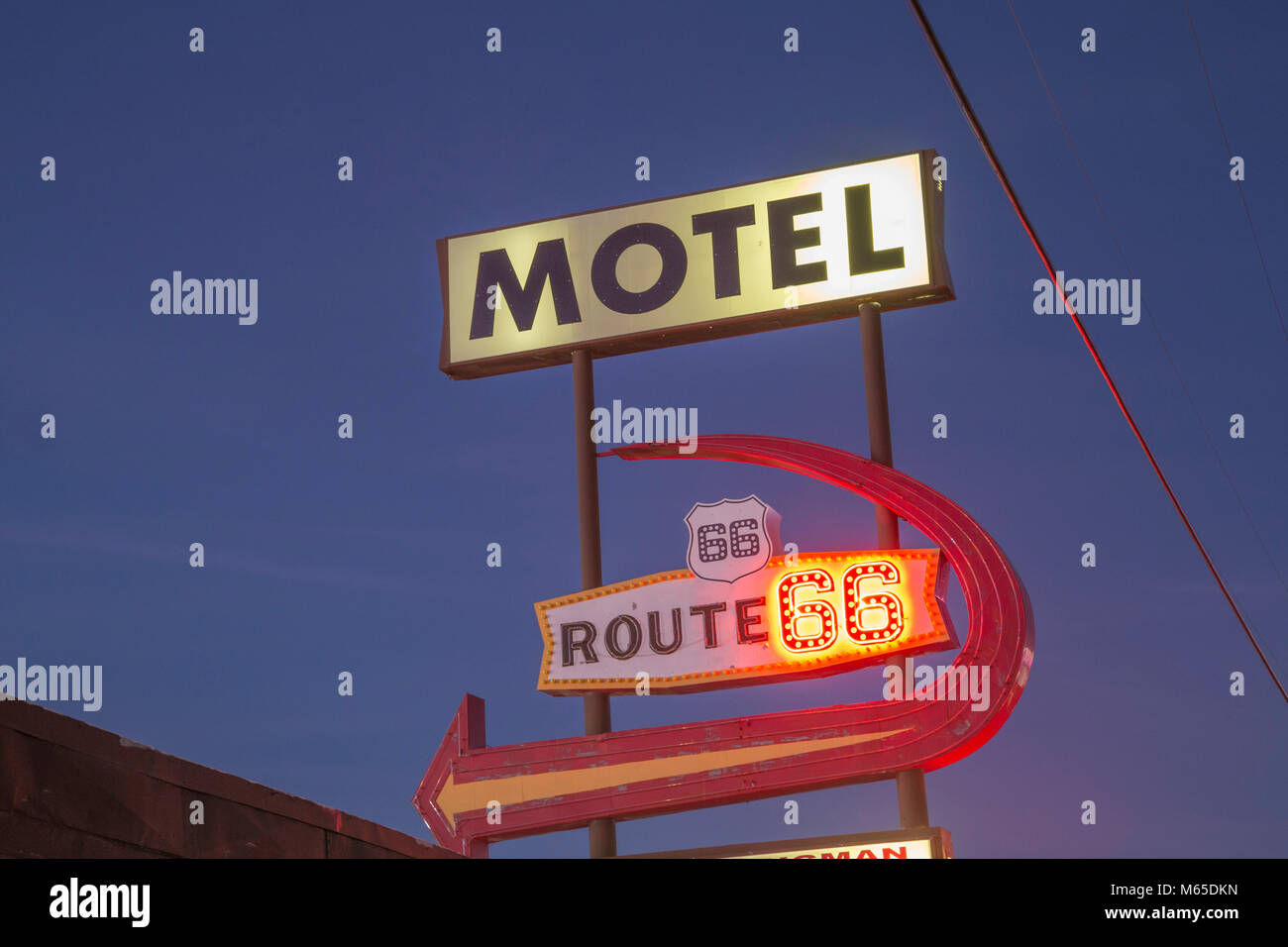 Illuminated neon sign of the Route 66 Motel in Kingman, Arizona. Stock Photo