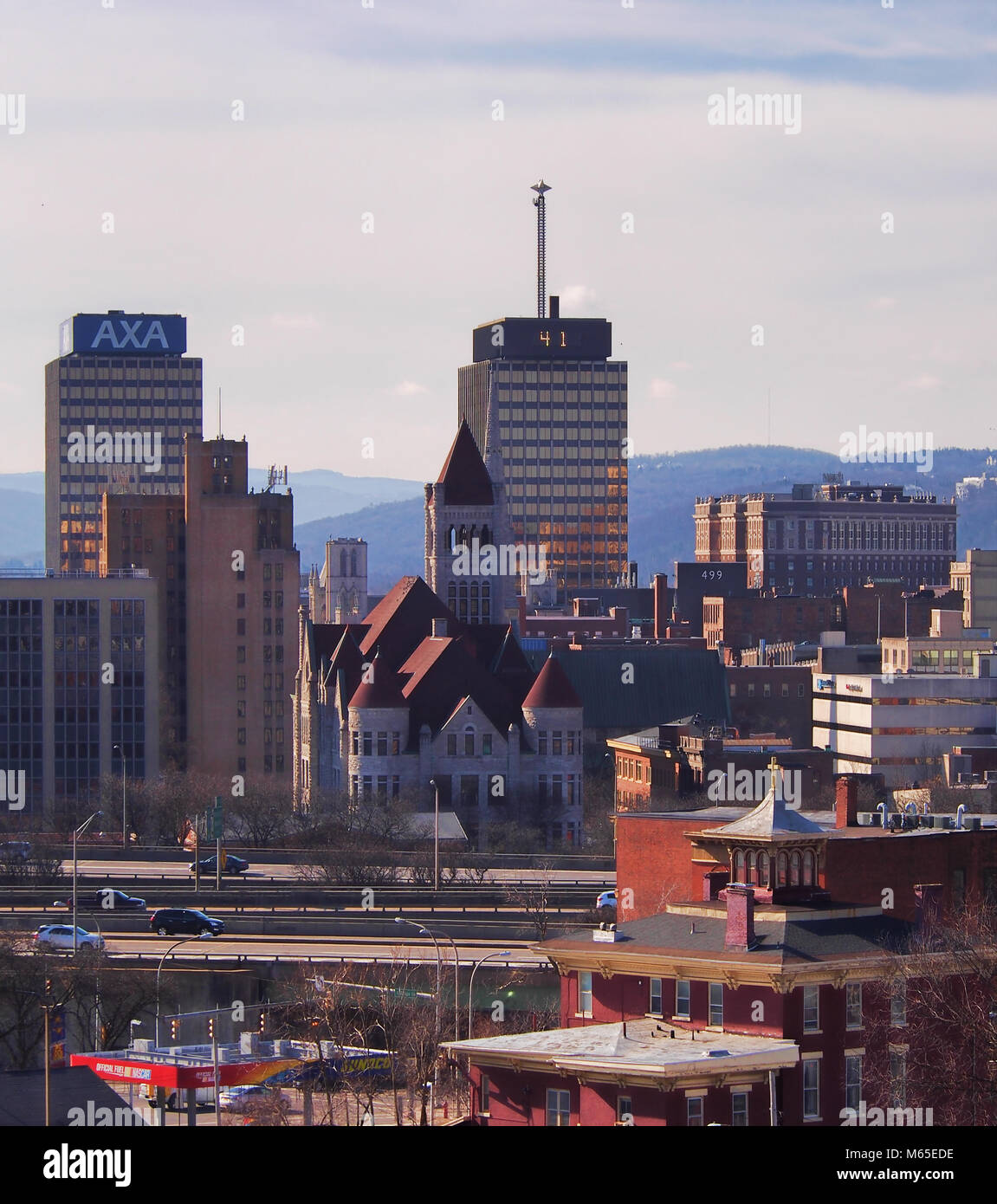 Syracuse, New York, USA. February 26, 2018. Downtown Syracuse , New York with the AXA Towers and City Hall Stock Photo