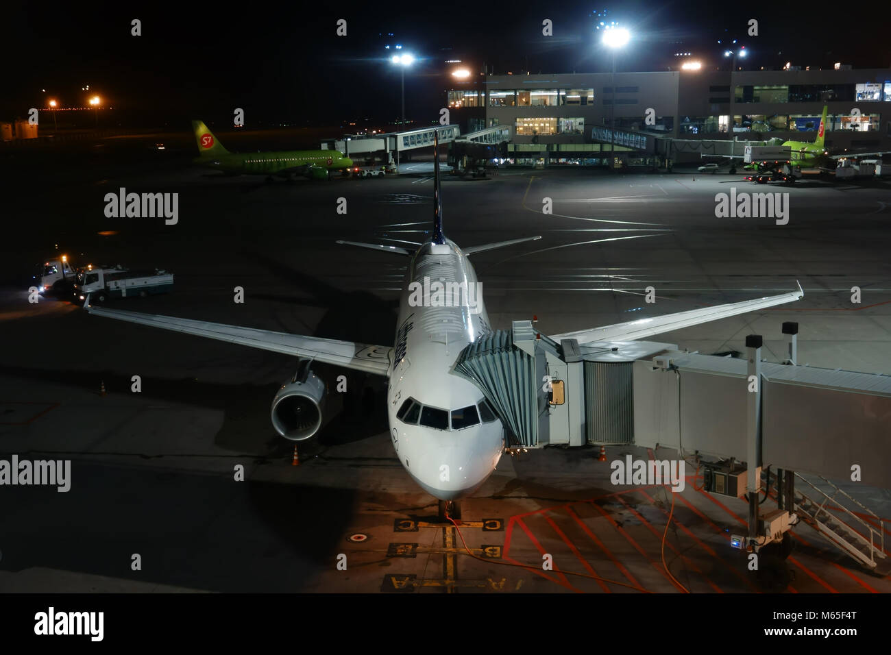 MOSCOW, RUSSIA - SEPTEMBER 02, 2017: airport Domodedovo at night, picking up the plane before departure. Refueling and loading. Stock Photo