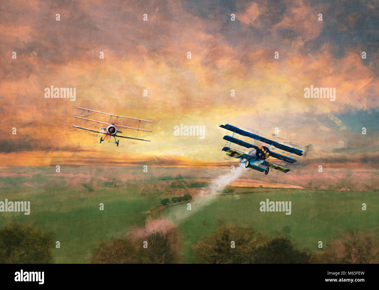 Digitally altered image of a world war 1 dogfight over open countryside Stock Photo