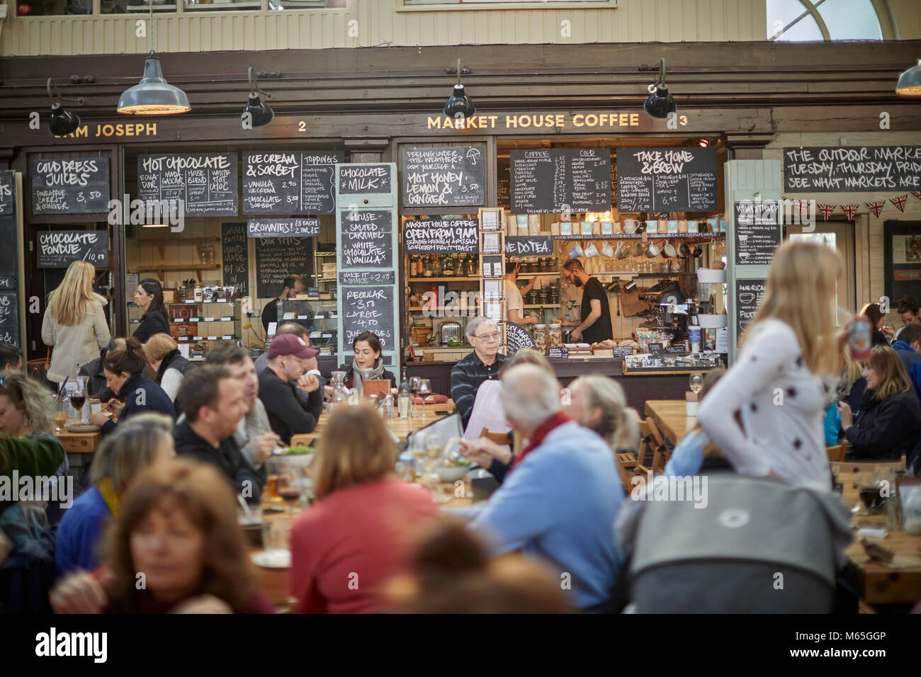 Market House Coffee stall in the Grade II listed Market house in Altrincham town centre, Cheshire. A busy and exciting food destination Stock Photo