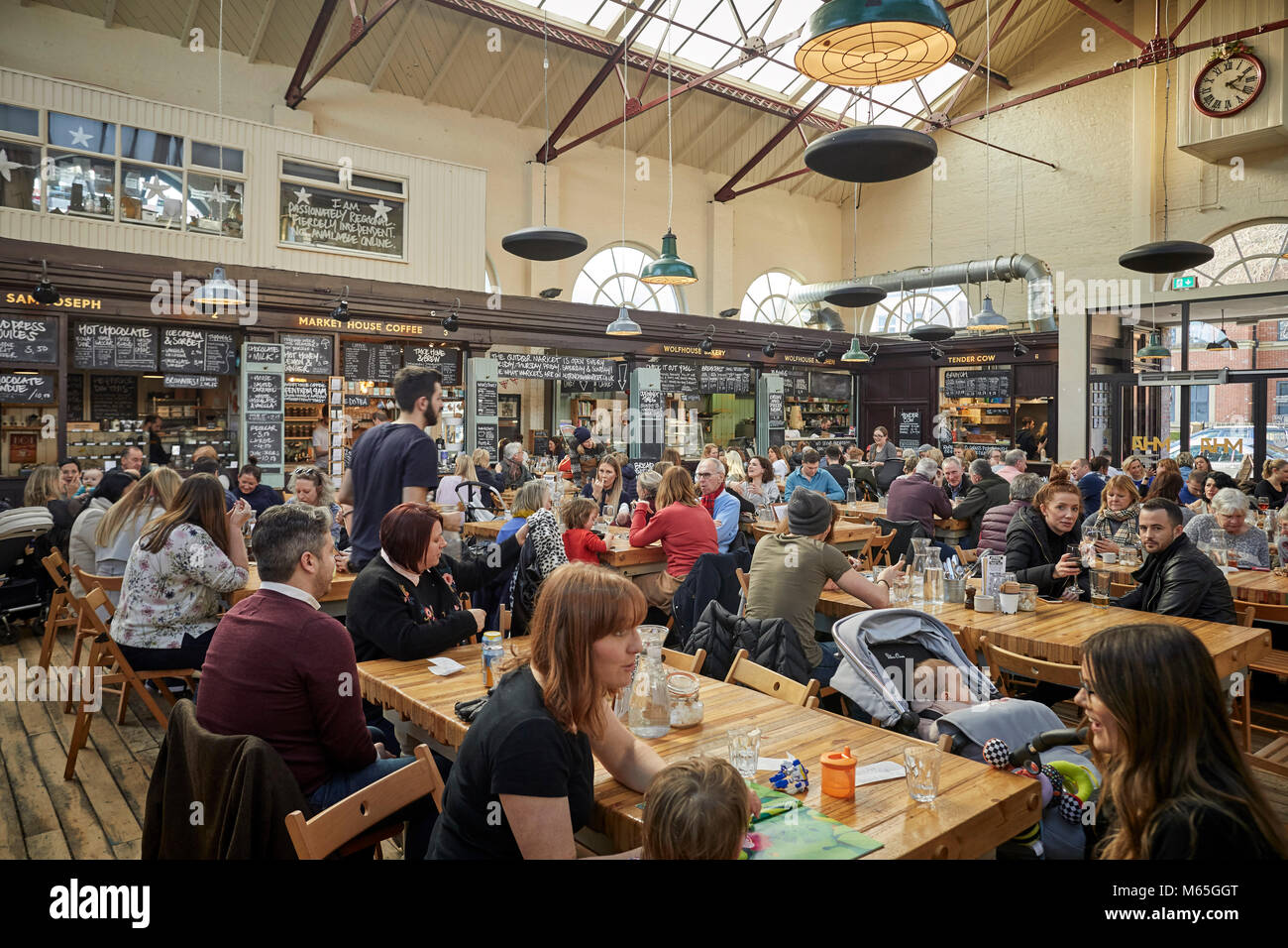 Market House Coffee stall in the Grade II listed Market house in Altrincham town centre, Cheshire. A busy and exciting food destination Stock Photo