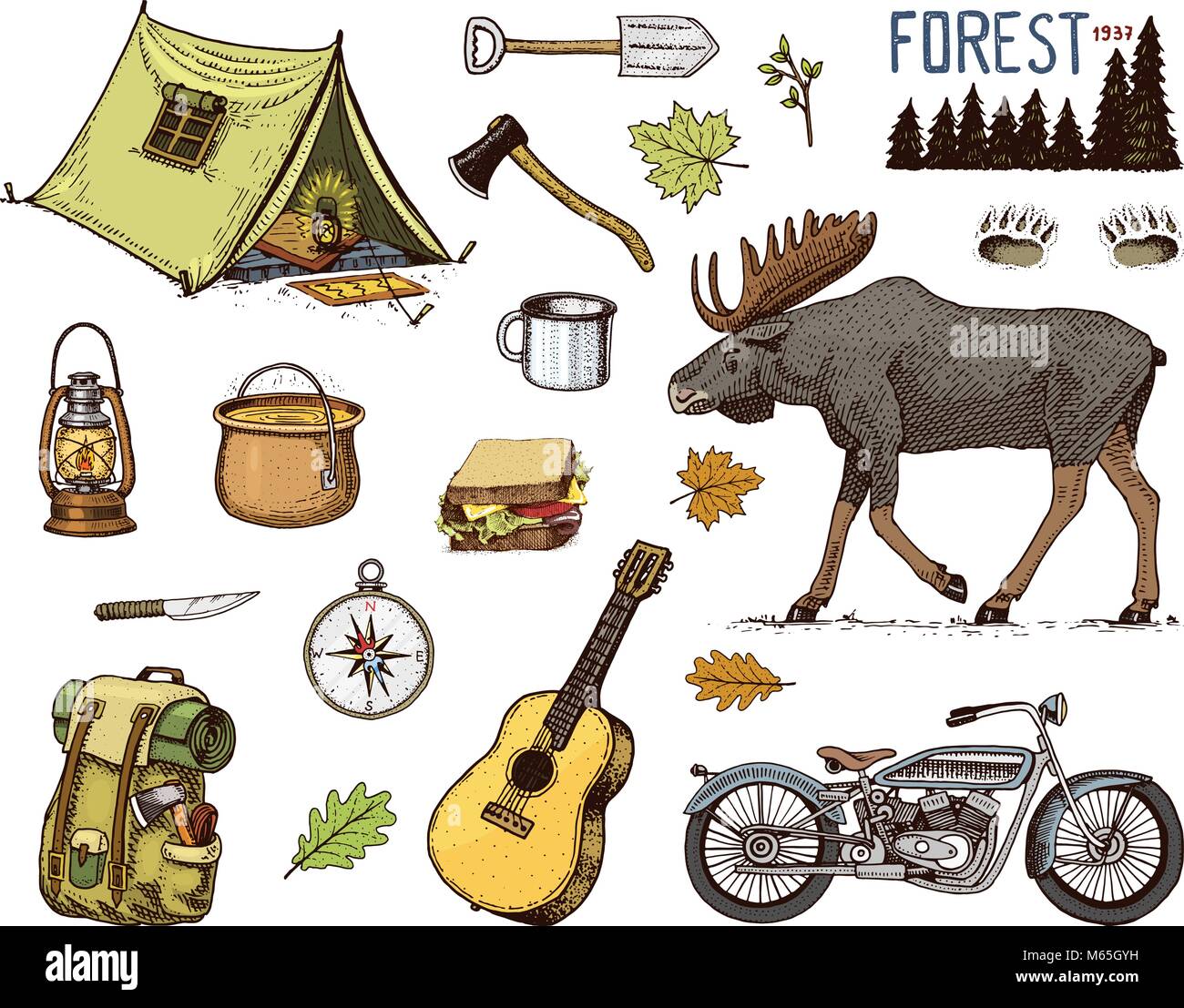 camping equipment set, outdoor adventure, hiking. Traveling man with luggage. tourism trip. engraved hand drawn in old sketch. moose and motorcycle, sandwich and binoculars, camera. backpack and tent. Stock Vector