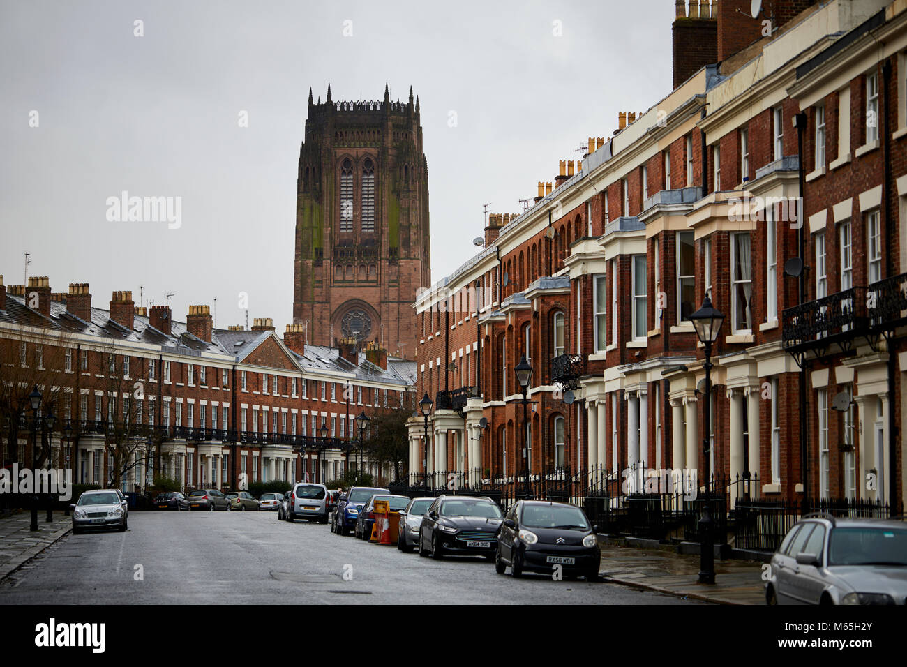 Liverpool Cathedral along Canning Street residential Georgian architecture townhouse in terrace rows Stock Photo
