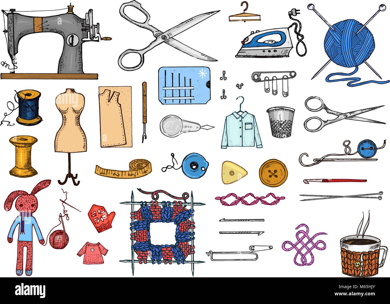 Set of sewing tools and materials or elements for needlework. Handmade equipment. Tailor shop for labels, badgess. thread and needle, mannequin. engraved hand drawn realistic in old vintage sketch. Stock Vector
