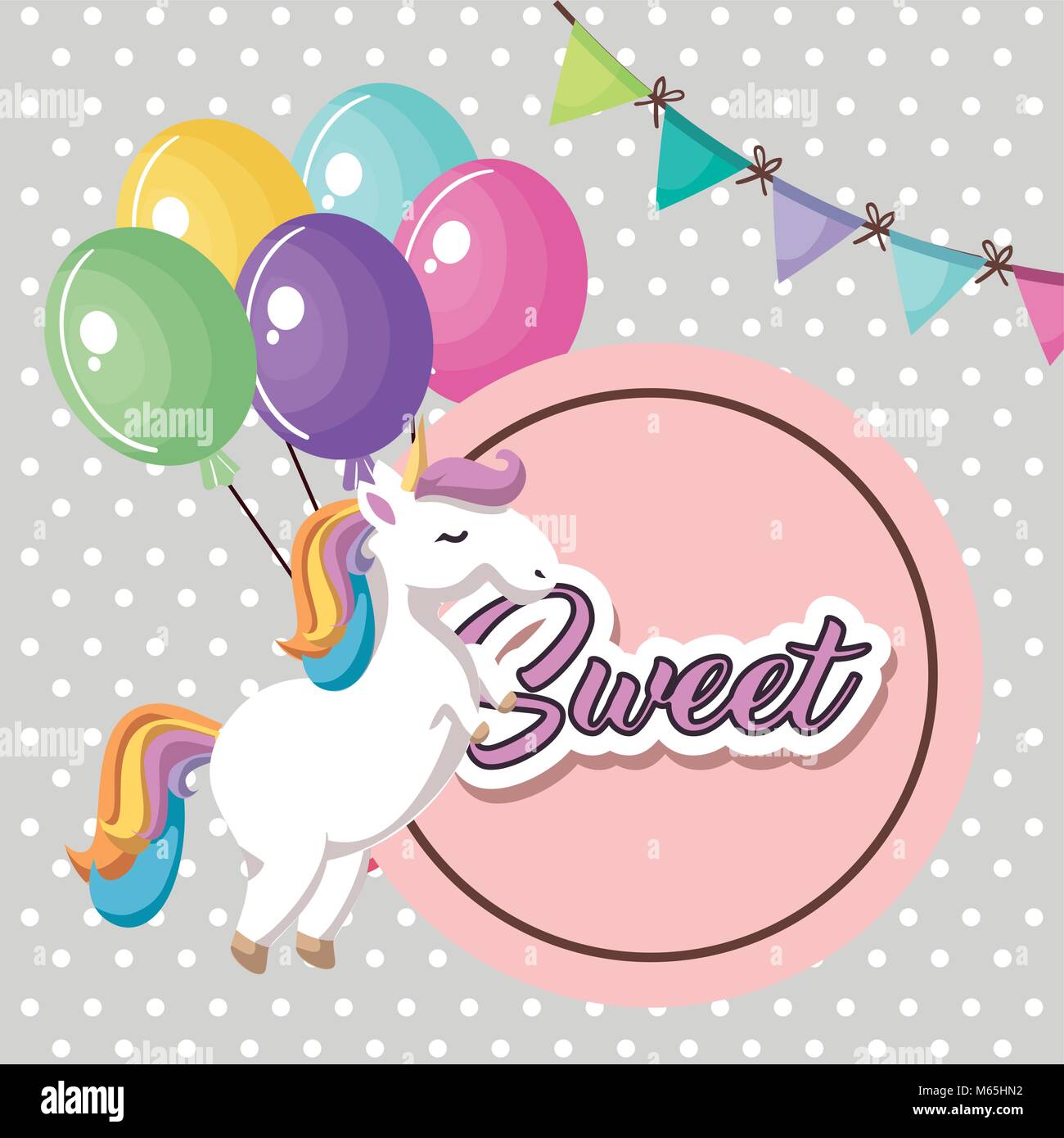 cute unicorn with balloons air kawaii character birthday card Stock ...