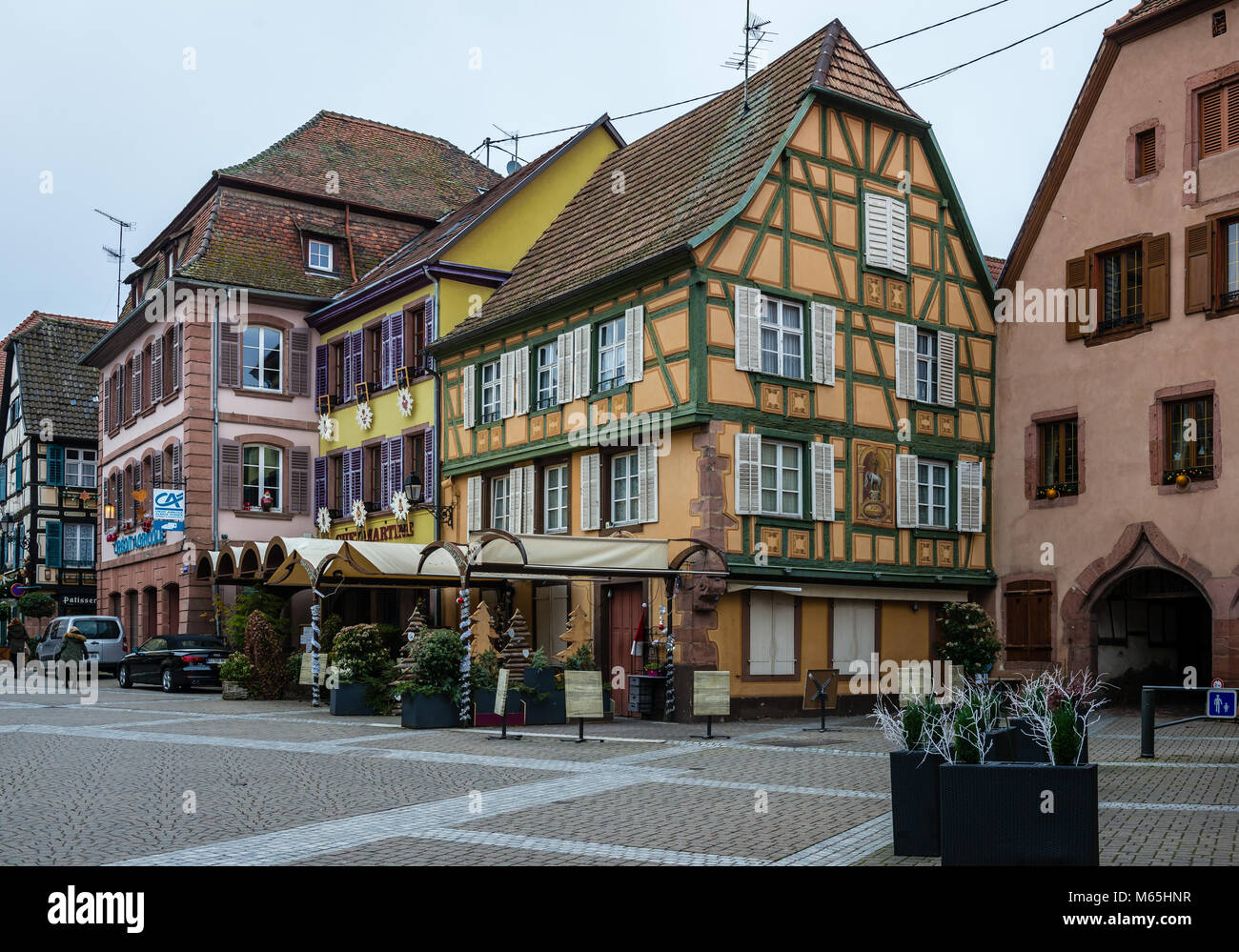 Colourful half-timbered houses in the picturesque village of Ribeauville, in Alsace Wine Route, France. Stock Photo