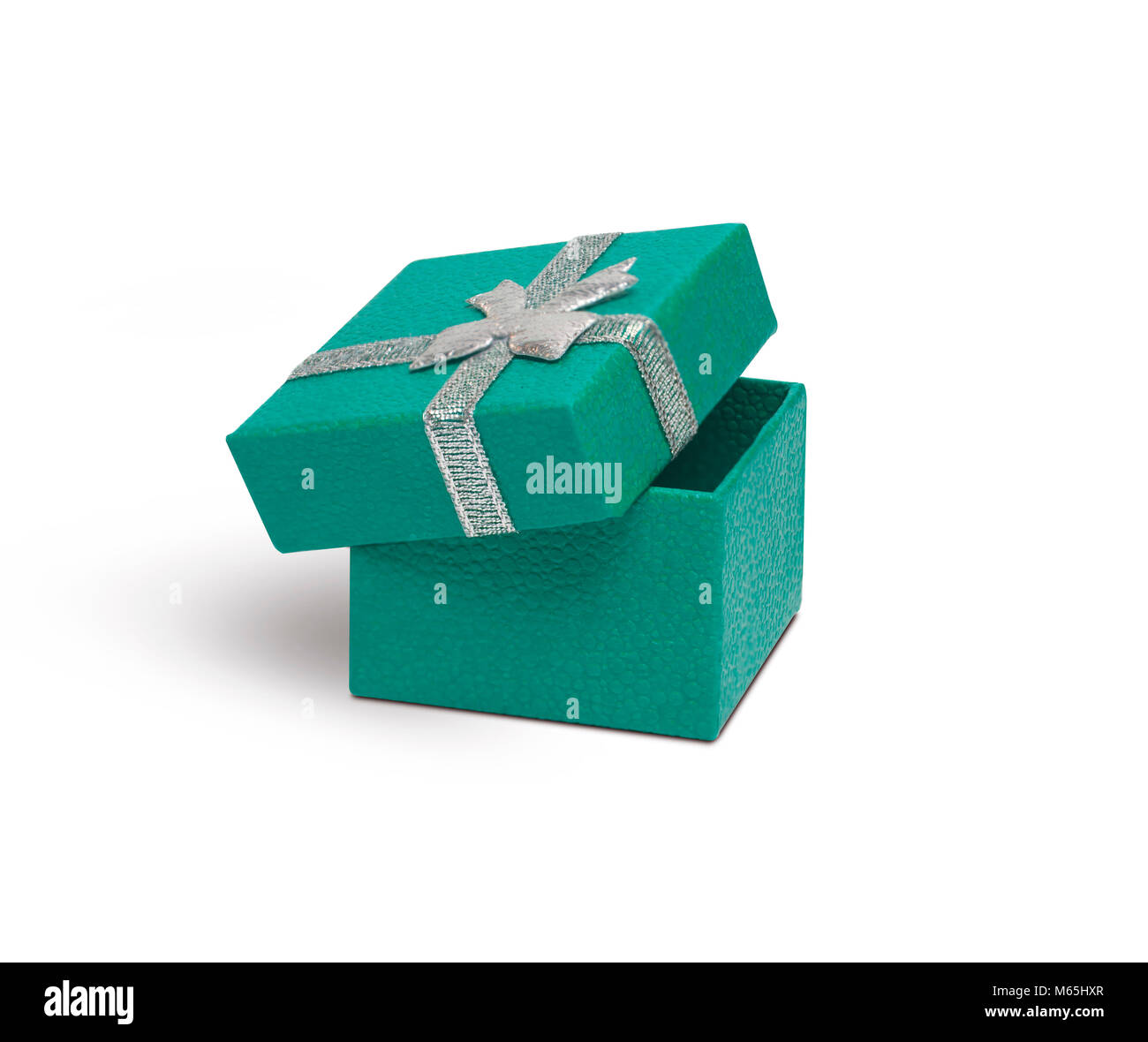 Open Teal gift box with silver ribbon isolated on white background