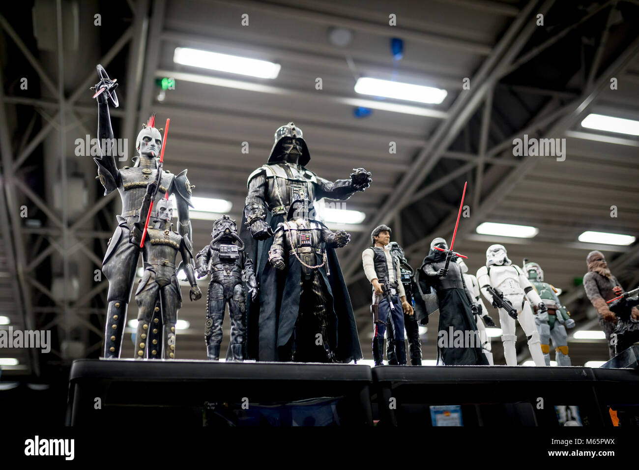 Doncaster Comic Con 11th Feruary 2018 at The Doncaster Dome. Star Wars action figures or toys on display at a comic con convention Stock Photo