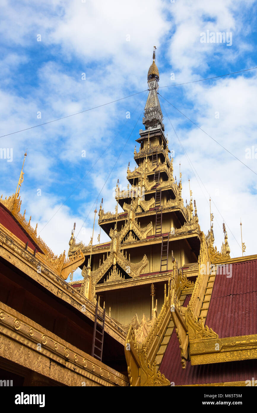 The Mandalay Palace's Great Audience Hall features a prominent seven-tiered pyatthat., Myanmar (Burma). Stock Photo
