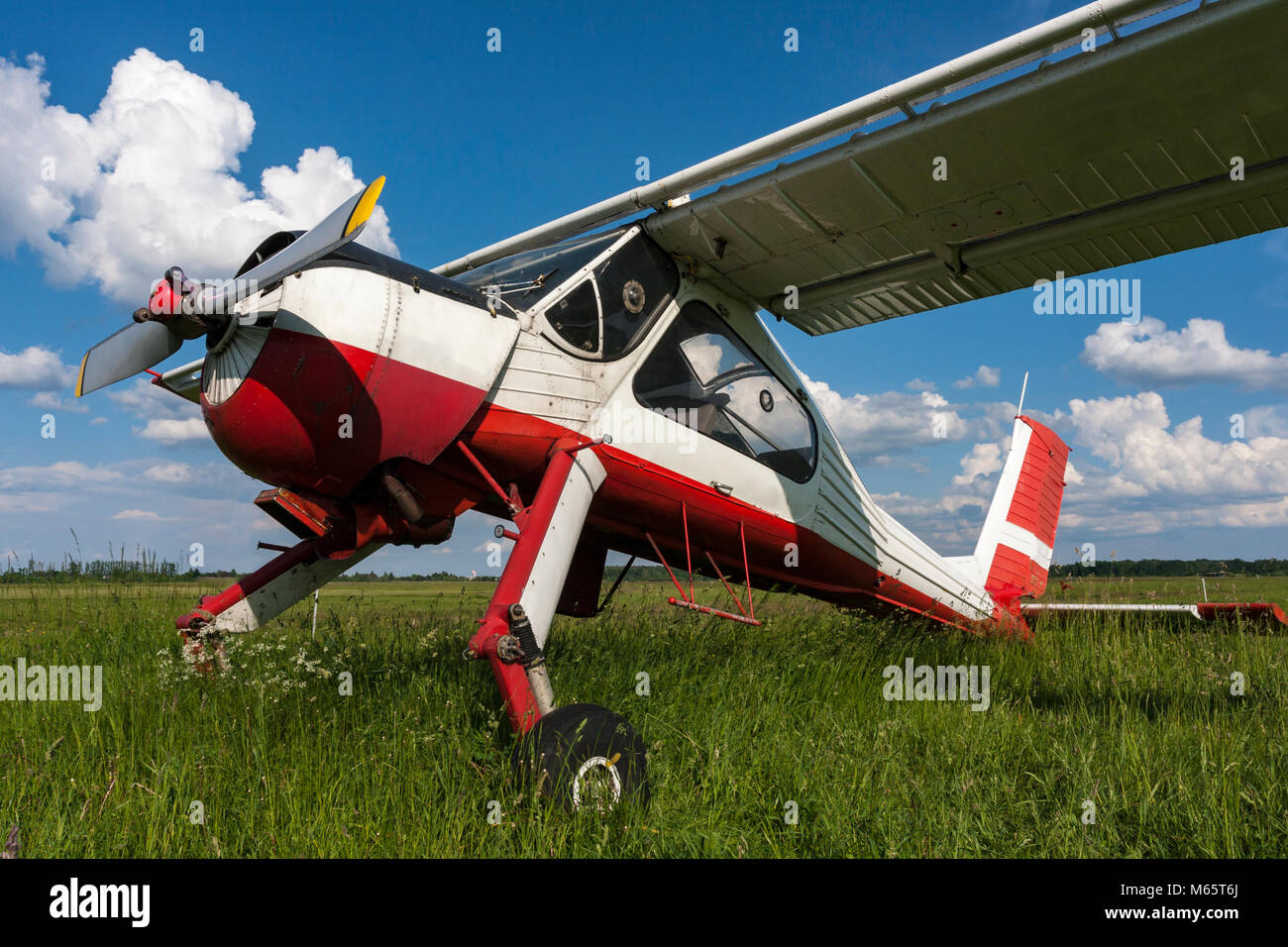 Light sports plane at a small airport Stock Photo