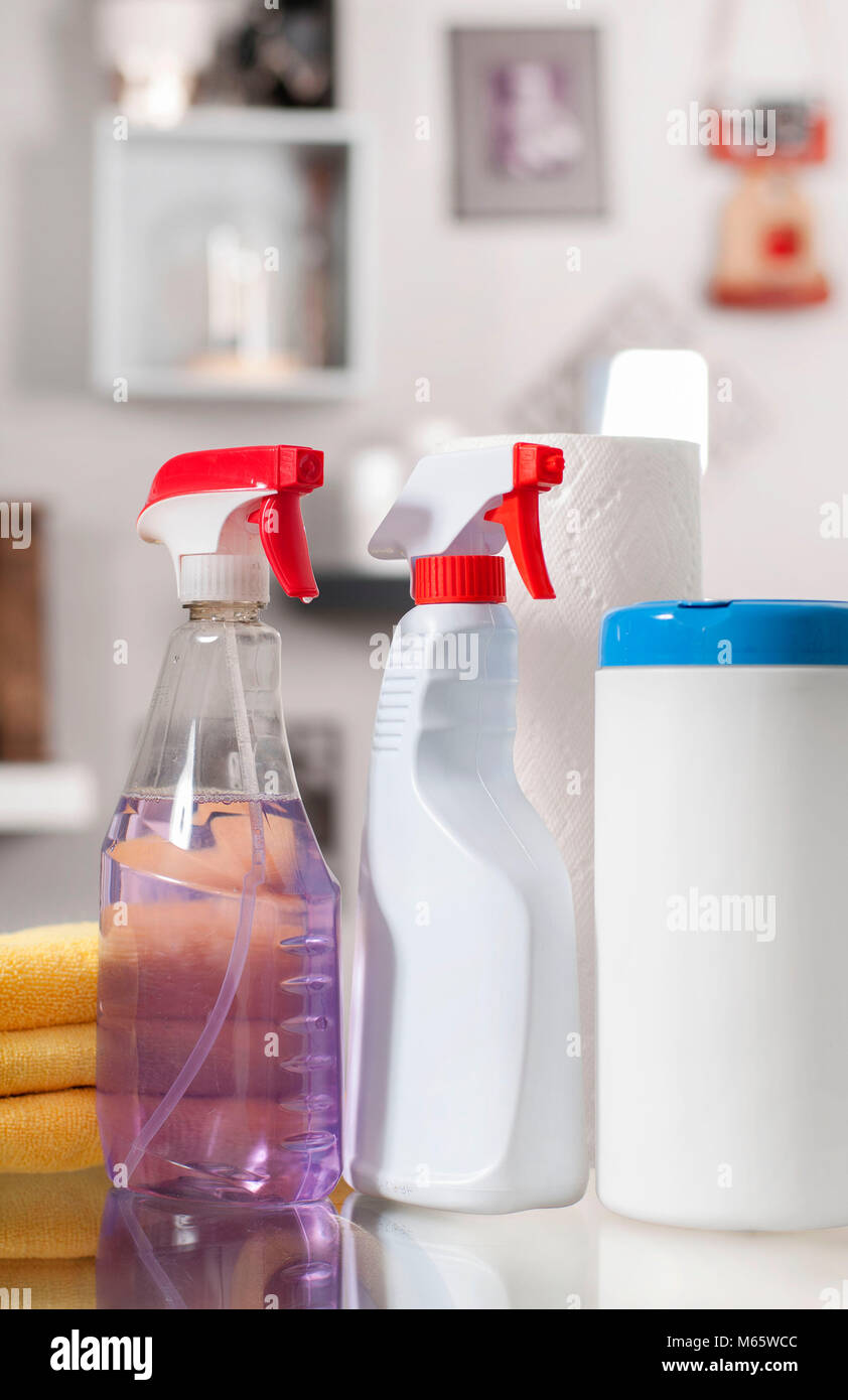 Cleaning supplies. House cleaning products on table Stock Photo Alamy