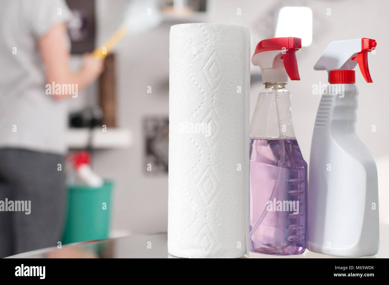 Cleaning supplies. Professional cleaner doing cleanup Stock Photo Alamy