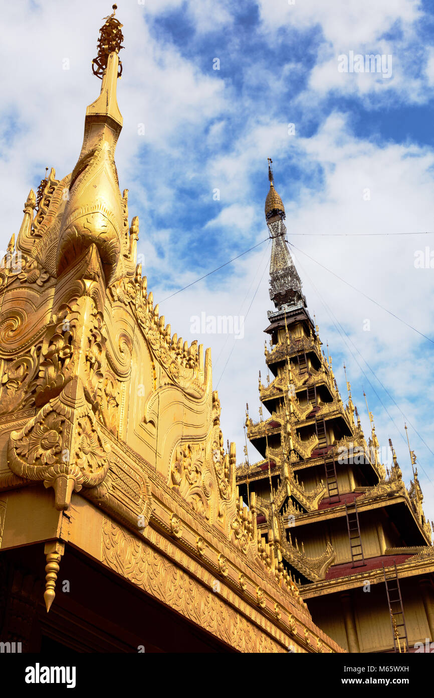 The Mandalay Palace's Great Audience Hall features a prominent seven-tiered pyatthat., Myanmar (Burma). Stock Photo