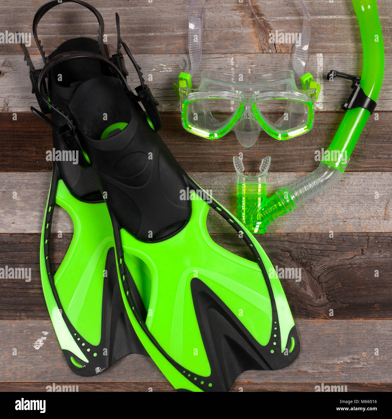 Snorkelling equipment. Flippers, mask and snorkel top view image Stock