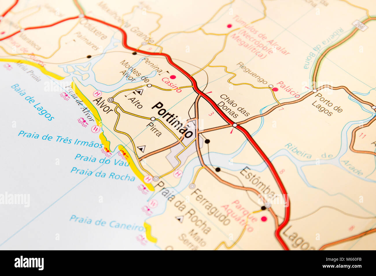 Close up of road map detail of Portimao city in Algarve, Portugal ...