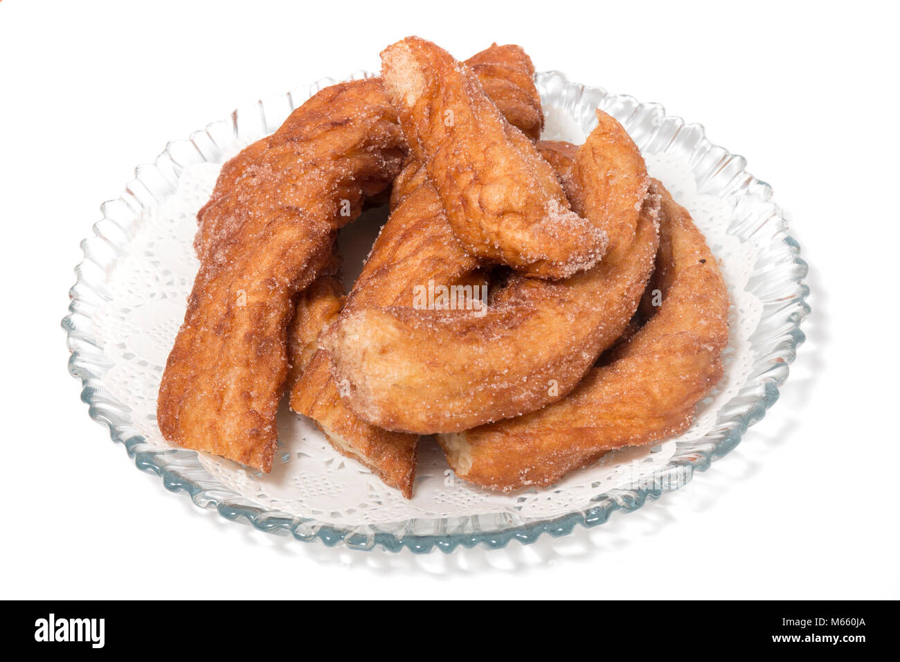 Portuguese Farturas or Spanish Churros, Fried dough sticks isolated on