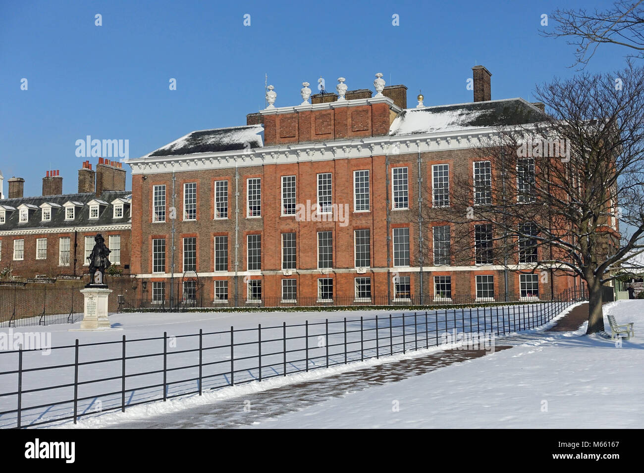 Front view of Kensington Palace in London on a cold winter day with snow from the Beast from the East cold spell in February 2018 Stock Photo