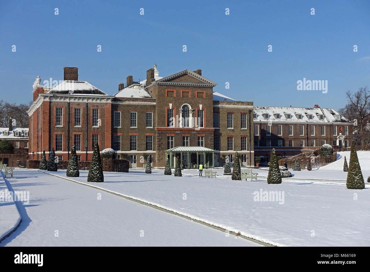 Front view of Kensington Palace in London on a cold winter day with snow from the Beast from the East cold spell in February 2018 Stock Photo