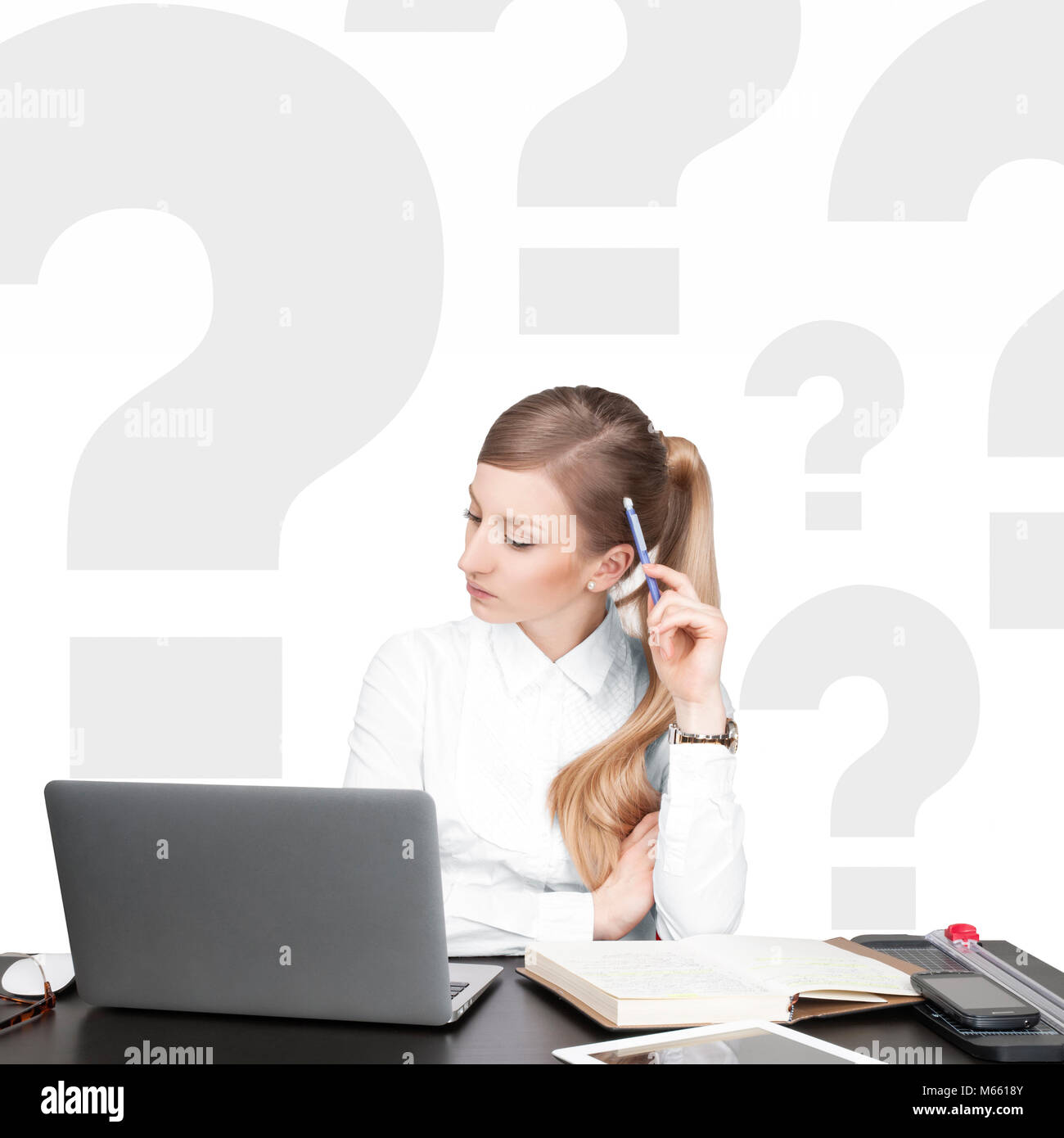 Thinking woman with questioning expression and question marks Stock ...