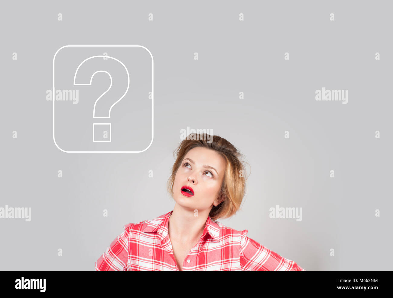 Thinking woman with questioning expression and question mark above her ...