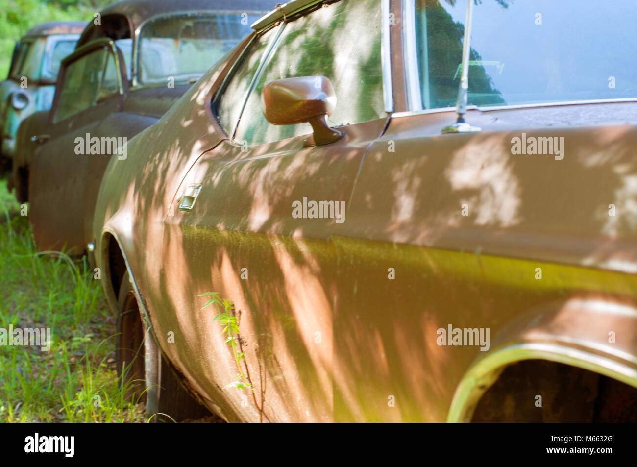 Rusty old cars in abandoned place, junkyard - vintage style Stock Photo ...