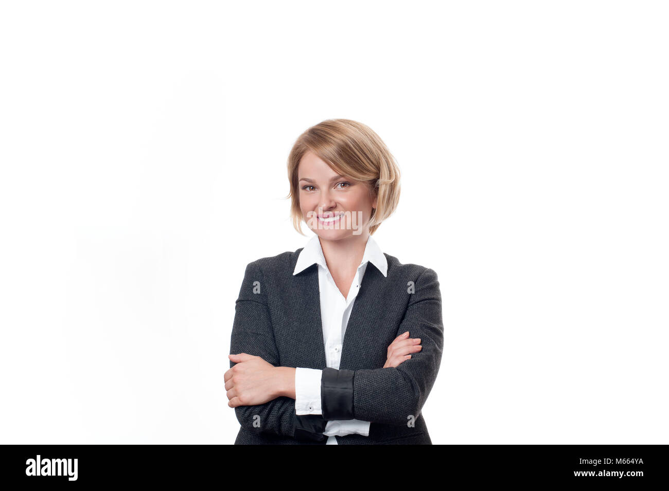 Portrait of smiling business woman on white background Stock Photo - Alamy