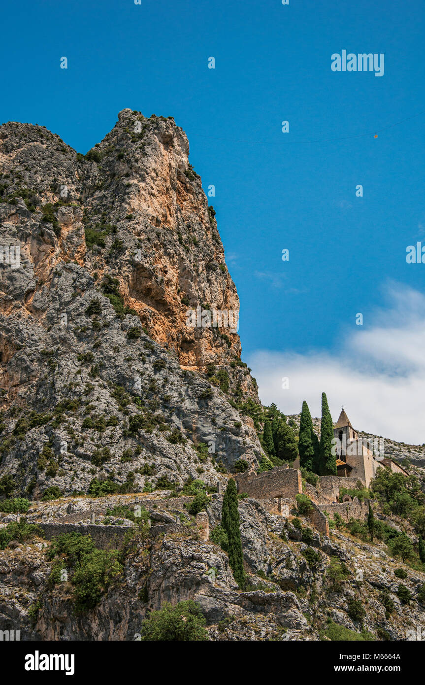 NotreDame de Beauvoir Church amid cliffs and rock stairway, above the