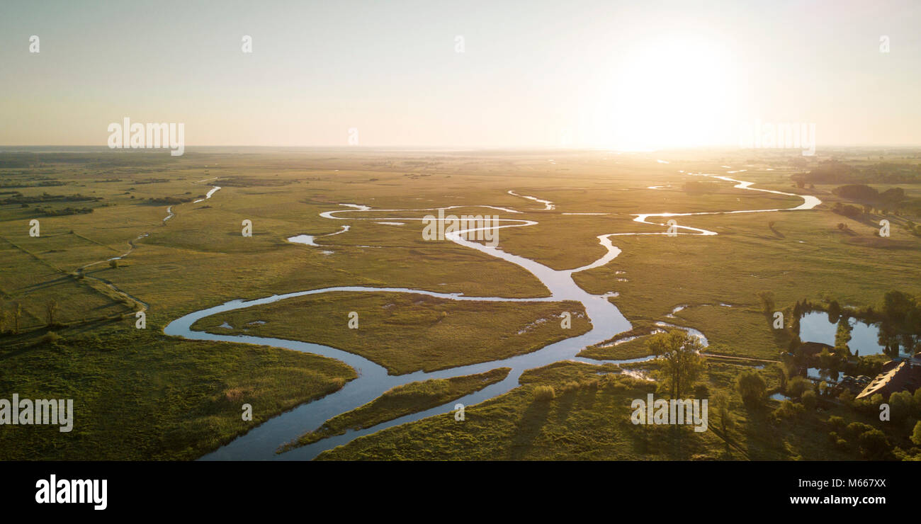 Aerial panorama of river meander in Biebrza National Park, Poland Stock Photo