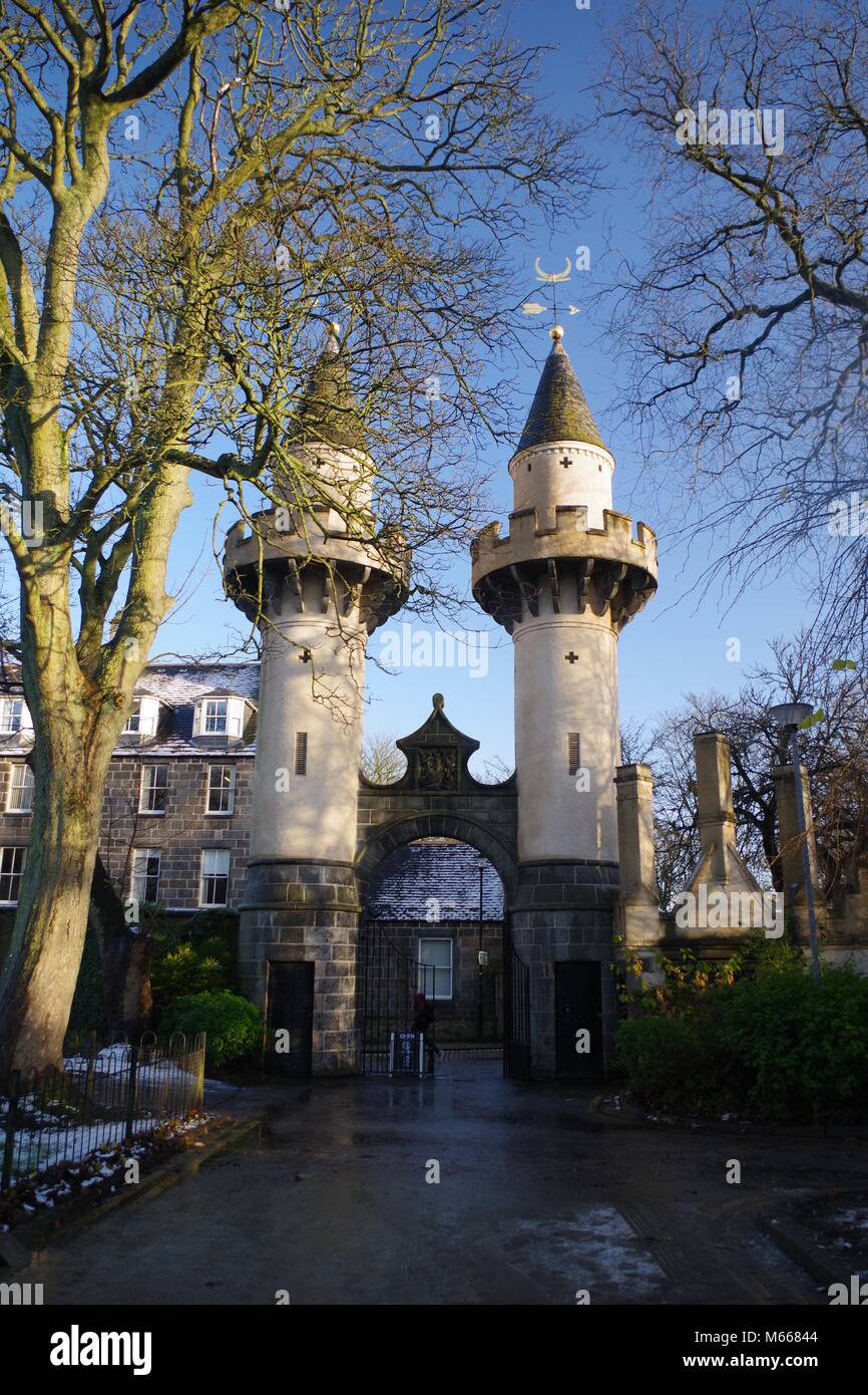 Powis Gate Towers, Aberdeen University Campus, Old Aberdeen. 1833 Slavery Abolition Act. Scottish Architecture. Stock Photo
