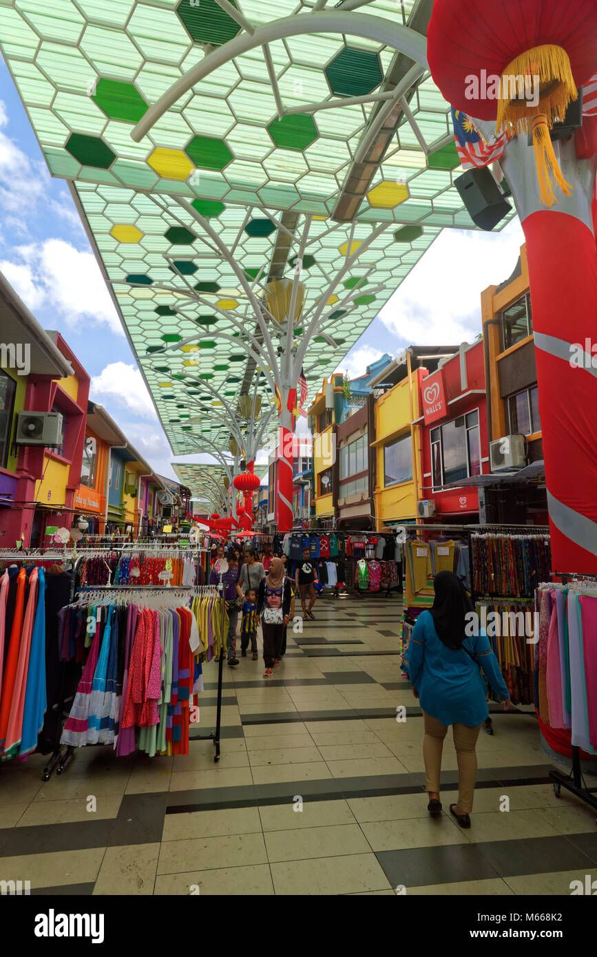 The colourful covered shopping road of India Street in Kuching, Malaysia Stock Photo