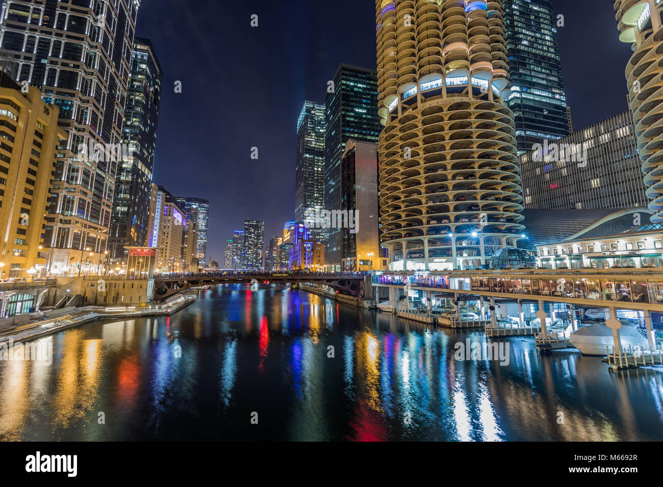 Chicago downtown city street view by the river at night Stock Photo - Alamy