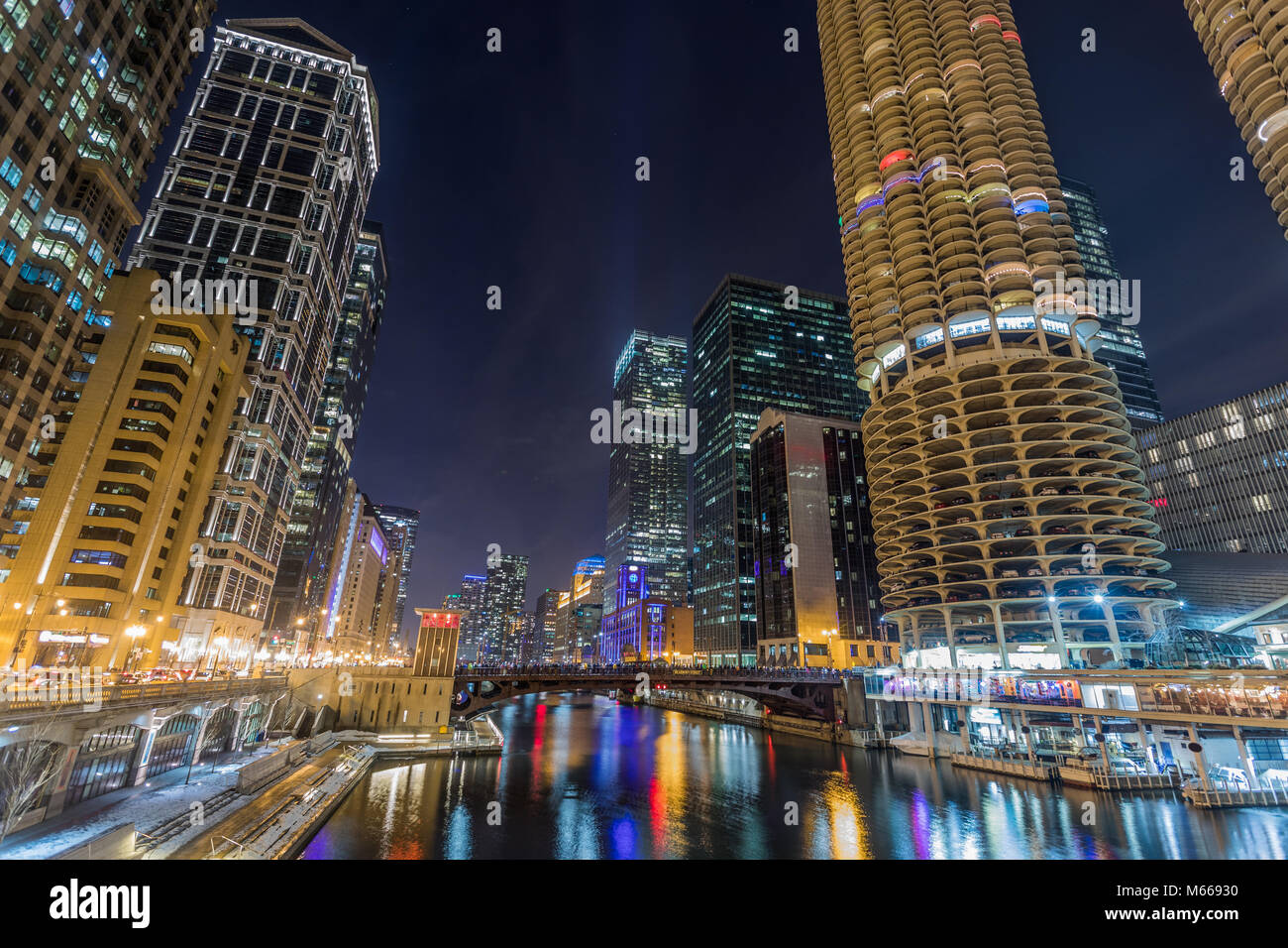 Chicago downtown city street view by the river at night Stock Photo - Alamy