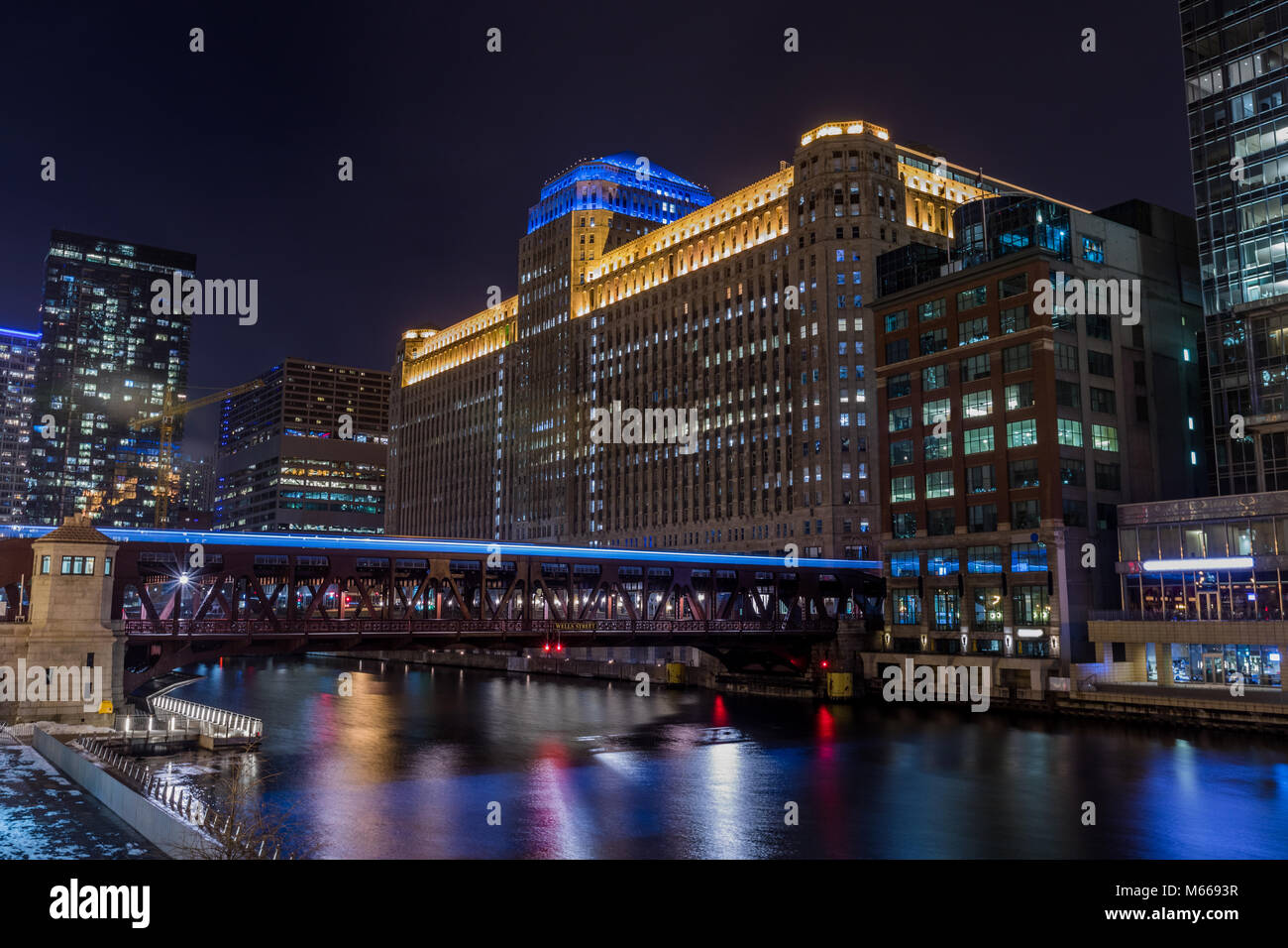 Chicago downtown city street view by the river at night Stock Photo - Alamy