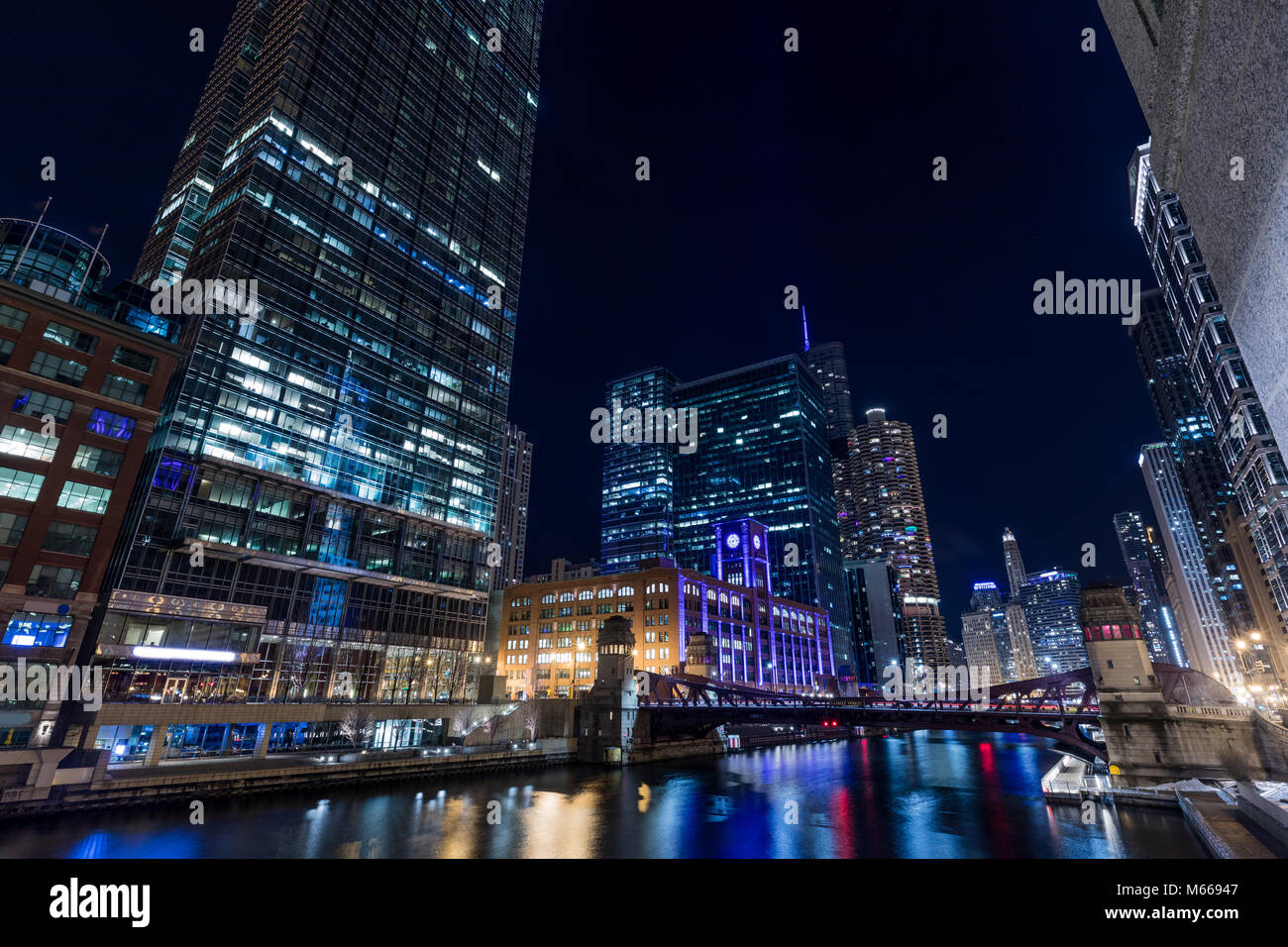 Chicago downtown city street view by the river at night Stock Photo - Alamy