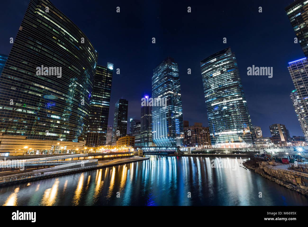 Chicago downtown illuminated view by the river at night Stock Photo - Alamy